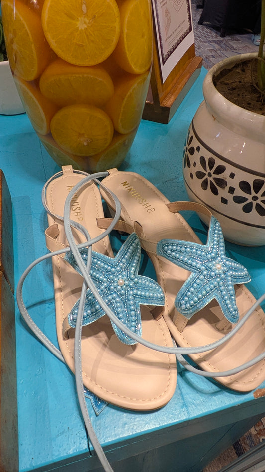 Blue Starfish sandals with lace tie ups